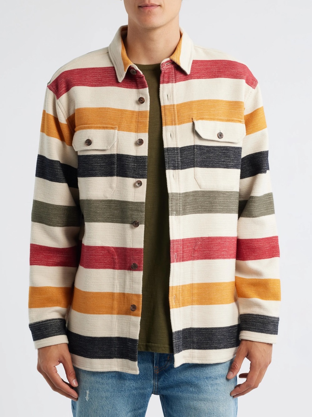 Pendleton Men M Driftwood Glacier Stripe Chamois Cotton Overshirt NWT Heavyweigh